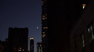 Manhattan 'ın üzerinde hilal ay ışığı gece gökyüzünü aydınlatıyor.