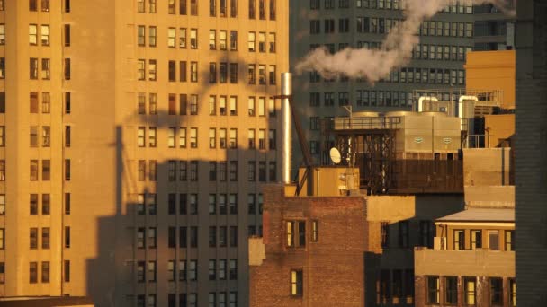 Manhattan Dach Dampfrohrschatten Auf Gebäude Sonnenuntergang Goldene Stunde Nyc — Stockvideo