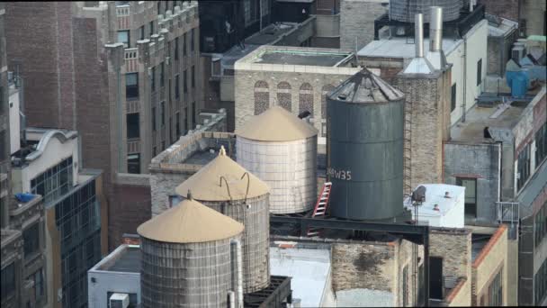 Pidgeon Volando Desde Azotea Manhattan Nyc Histórico Tanques Agua Madera — Vídeos de Stock
