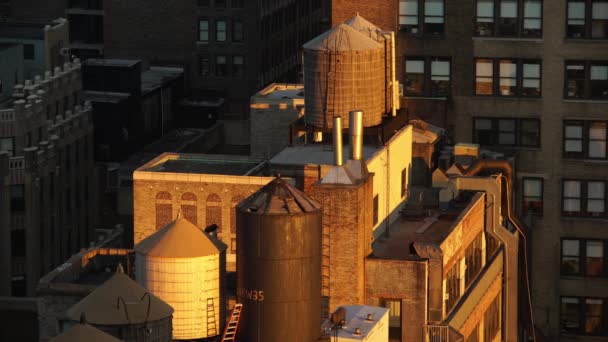 从曼哈顿屋顶飞过的鸟儿 顶部的水箱黄金时段纽约 — 图库视频影像