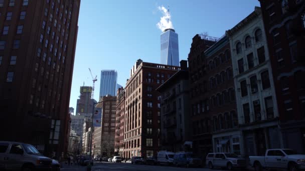 Manhattan Nyc Ulice Úroveň Zřizuje Střílel Finanční Čtvrť Studenou Zimu — Stock video