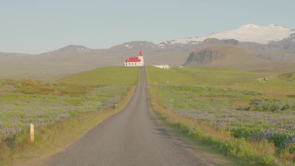 Szcenírozott Dombtetős Templom Alatt Snaefellsjokull Gleccser Izland Nyár — Stock videók