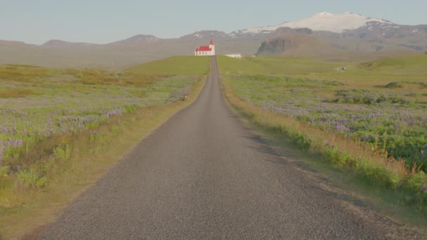 Malowniczy Kościół Pod Lodowcem Snaefellsjokull Islandia Lato Widok Panoramiczny — Wideo stockowe
