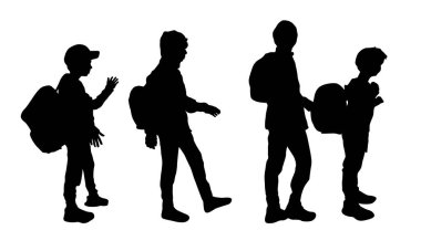 Okul çantalı çocuk okul siluetine gidiyor.