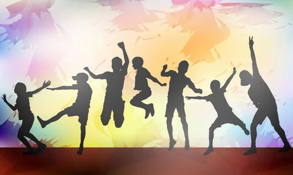 Joyeux Garçons Silhouettes Dansant Dans Fête Illustration Vectorielle — Image vectorielle