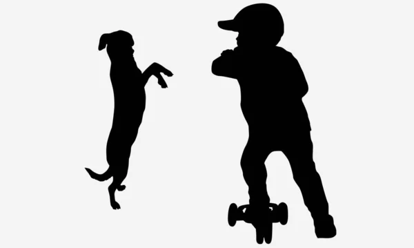 Niño Feliz Con Hermoso Cachorro Siluetas Concepto Vector Ilustración — Vector de stock