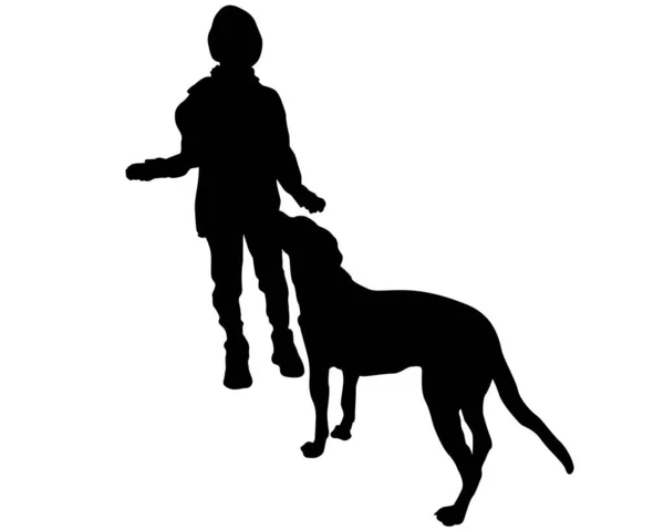 男の子は彼の犬のシルエットベクトルイラストで遊ぶ — ストックベクタ
