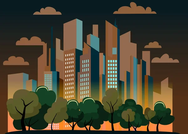 Современная Векторная Иллюстрация Простого Городского Пейзажа Деревьями Кустами Небоскребами Облаками — стоковый вектор