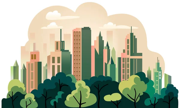 フラットデザインの街並み 木々や茂み 高層ビル 雲とシンプルな都市のスカイラインの現代的なベクトルイラスト — ストックベクタ