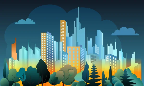 寒くて暖かい色のフラットデザインの街並み 木々や茂み 高層ビル 雲とシンプルな都市のスカイラインの現代的なベクトルイラスト — ストックベクタ