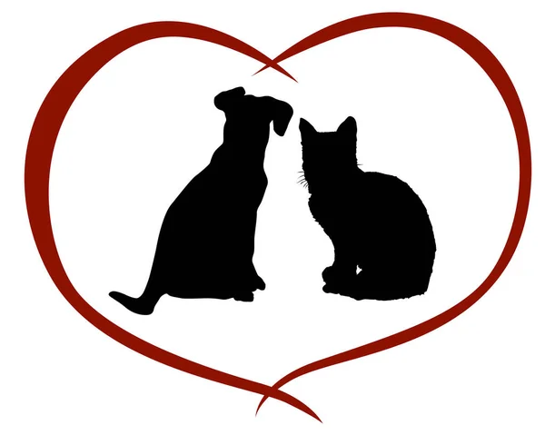 Freundschaft Zwischen Katze Und Hund Silhouetten Mit Herzform Konzept Vektor — Stockvektor