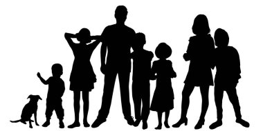 Anne baba çocuklar ve köpek siluetleri, konsept vektör çizimi