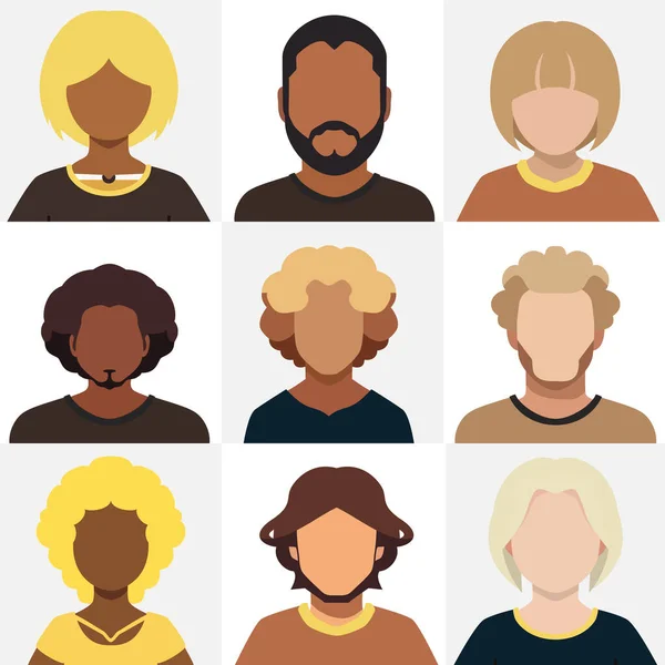 シンプルな顔と髪型 異なる民族性 ヘアスタイルと色 ユーザーアイコンを持つ人々のフラットアイコンのセット — ストックベクタ