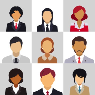 Günlük kıyafet giyen iş adamları, iş adamları ve iş kadınları avatar vektör simgeleri. Düz tasarım insan karakterleri.