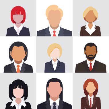 İş adamları resmi kıyafetler içinde iş adamları ve iş kadınları avatar vektör simgeleri. Düz tasarım insan karakterleri.