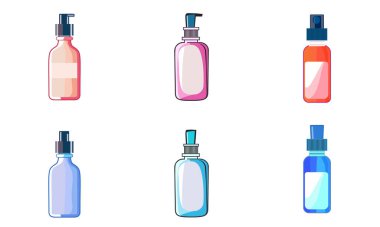 Beyaz estetik ilaç vektörüne izole edilmiş serum şişeleri ve vücut losyonu şişeleri. 