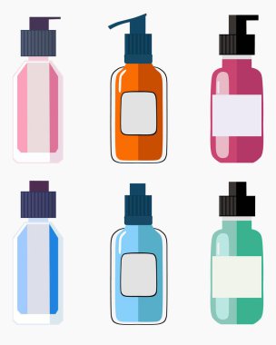 Vücut bakımı için beyaz estetik tıp vektörü illüstrasyonunda izole edilmiş şişeler.