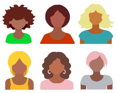 Gündelik giysiler içindeki bir grup insan kadın avatar vektör simgeleri. İnsanların karakterlerini tasarım kavramı.