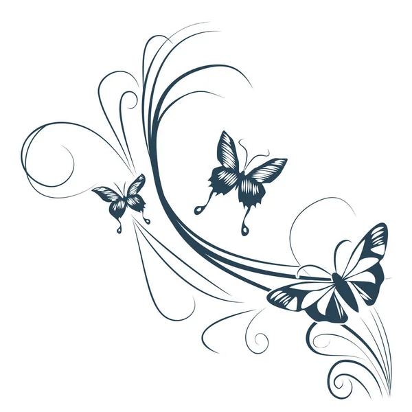 Fondo Floral Decorativo Con Líneas Giratorias Ilustración Vectorial Mariposas — Archivo Imágenes Vectoriales