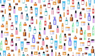 Kozmetik ürünlerinin kusursuz deseni, kadın erkekler için vücut ve yüz bakımı ürünleri. Tüplerdeki losyonlar, cam şişeler, deodorantlar