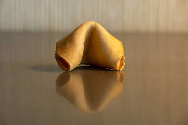 Single Fortune Cookie Siedzi Refleksyjnym Blatze — Zdjęcie stockowe