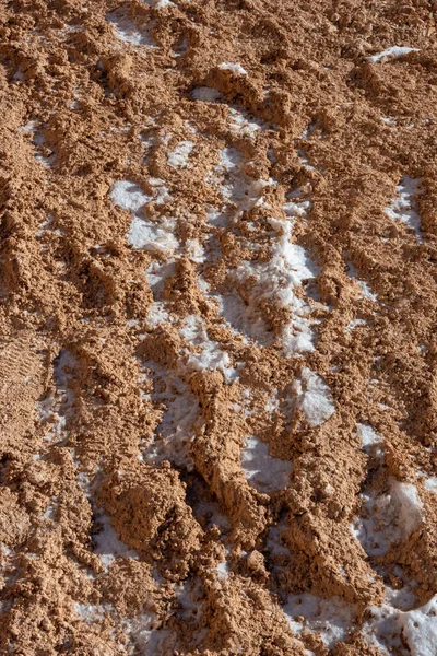Χιόνι Συλλέγει Κατεψυγμένα Λασπωμένα Βήματα Στο Μονοπάτι Στο Bryce Canyon — Φωτογραφία Αρχείου