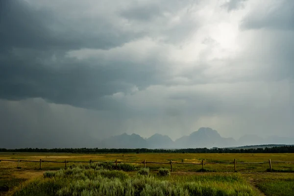 Summer Storm Obscures Grand Tetons Valley Late Summer — Stock Photo, Image