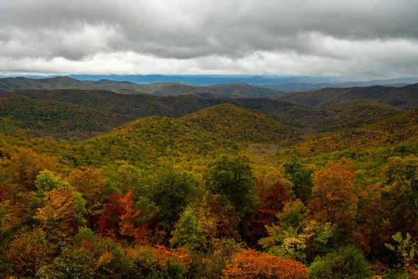 Bright Fall Colors Carpet Rolling Blue Ridge Mountains North Carolina — стокове фото