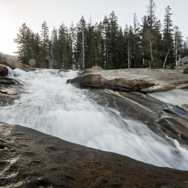 Kaliforniya Şelaleleri Yosemite 'nin Tuolumne Nehri' ndeki Granit Slab 'a akıyor