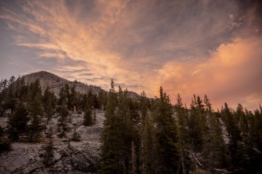 Yosemite 'deki Glen Aulin Kampı' nın üzerindeki Bulutlarda Pembe Gün Batımı Işığı