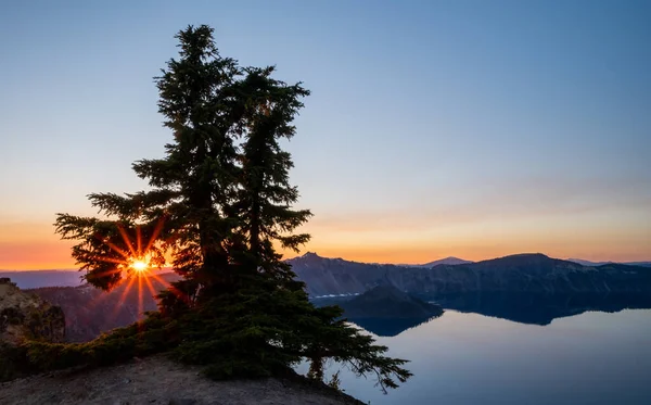 夕日の火口湖の縁に松の木の枝の下の日フレア — ストック写真