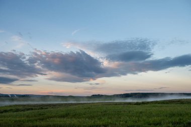 Hayden Vadisi 'ndeki Yellowstone Nehri' nin üzerinde sis asılı.