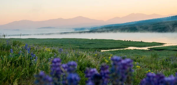 Fog layers Rols Along Top of Yellowstone River with mountains inthe distance