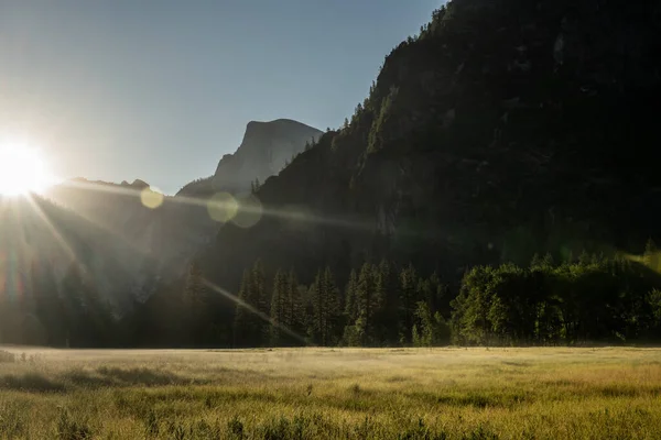 Солнце Вспыхнуло Над Лугом Долине Йосемити Летнее Утро Рассвете — стоковое фото