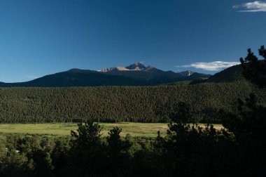 Longs Peak ve Moraine Park Işığı Akşam Güneşiyle Gölgeler Rocky Dağı Ulusal Parkı 'ndaki dağları geçerken