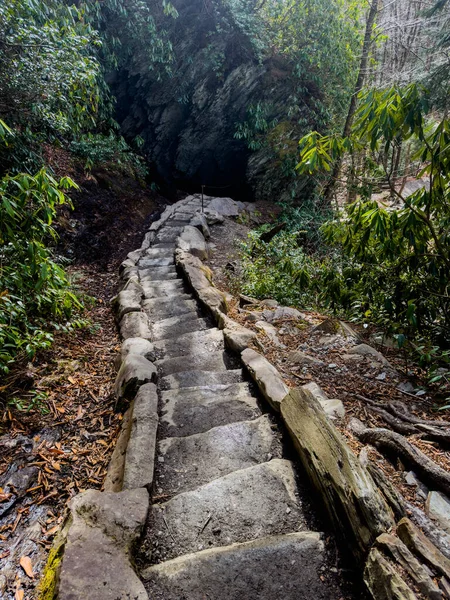 Dik bir taş merdiven setinden Smokies 'deki Arch Rock' a doğru gidiyor.