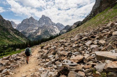 Yaz aylarında Şelale Kanyonu 'ndan Grand Teton' a doğru bir yürüyüş yapan kadın.