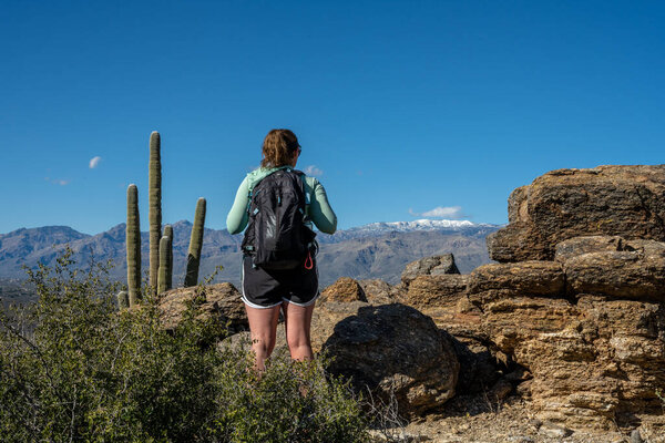 Woman Looks Out Toward The Snow Covered Mountains of Saguaro National Park