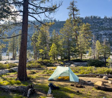 Yosemite 'deki Vernon Gölü kıyısındaki kamp alanı