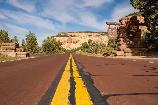 Zions Nationalpark Usa Juni 2023 Gul Rand Röd Asfalt Väg Stockbild
