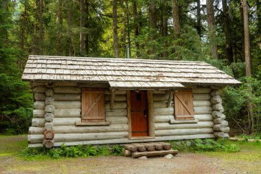 Karbon Nehri bölgesindeki Rainier Dağı Ulusal Parkı 'ndaki Ipsut River Kamp Alanındaki Log Cabin