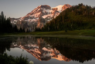 Pembe Akşam Işığı Klapatche Park 'taki Aurora Gölü' nde Rainier Dağı 'na ve Yansımasına Vuruyor