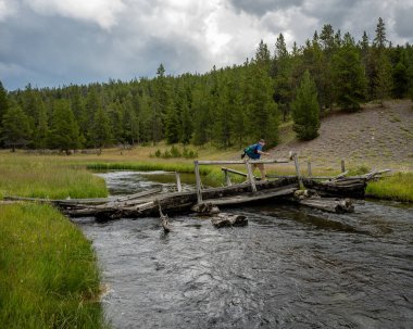 Yellowstone Ulusal Parkı 'ndaki Mary Dağı patikası boyunca tek bir yürüyüşçü hasarlı köprüyü geçiyor.