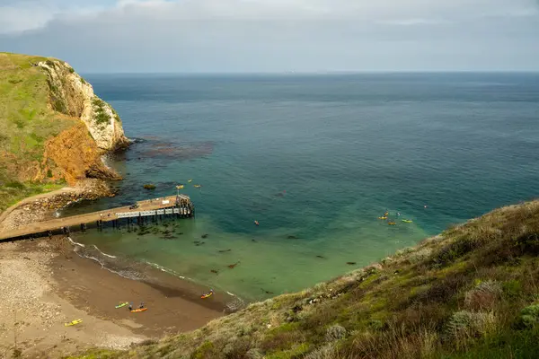 Kanal Adaları Ulusal Parkı 'ndaki Santa Cruz Adası' ndaki Akrep Sahili 'ndeki iskelede kanolar yüzüyor.