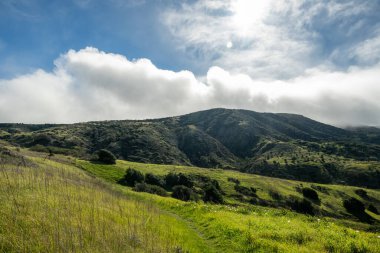 Bulutlar, Kanal Adaları Ulusal Parkı 'ndaki Santa Cruz Adası üzerinde güneşli gökyüzünün altında geziniyor.