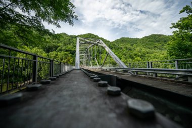 Yeni Nehir Vadisi Ulusal Parkı 'ndaki Tunny Hunsaker Köprüsü Düşük Açı Görünümü