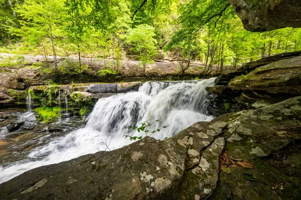 New River Gorge Ulusal Parkı 'ndaki Dunloup Creek' in kıyısındaki kaya çıkıntısı.