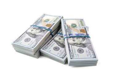 Beyaz arkaplanda dolar demetleri tasarla.