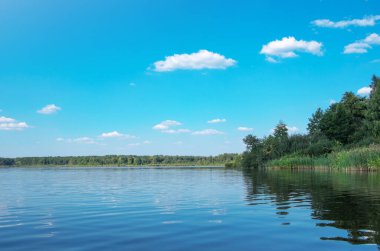 Gölün üzerinde güzel bir yaz manzarası, yeşil çimenler ve mavi gökyüzü.