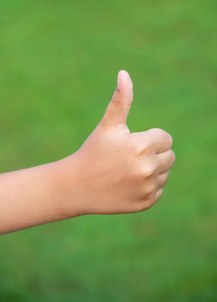 Hand with thumb up isolated on natural green background.